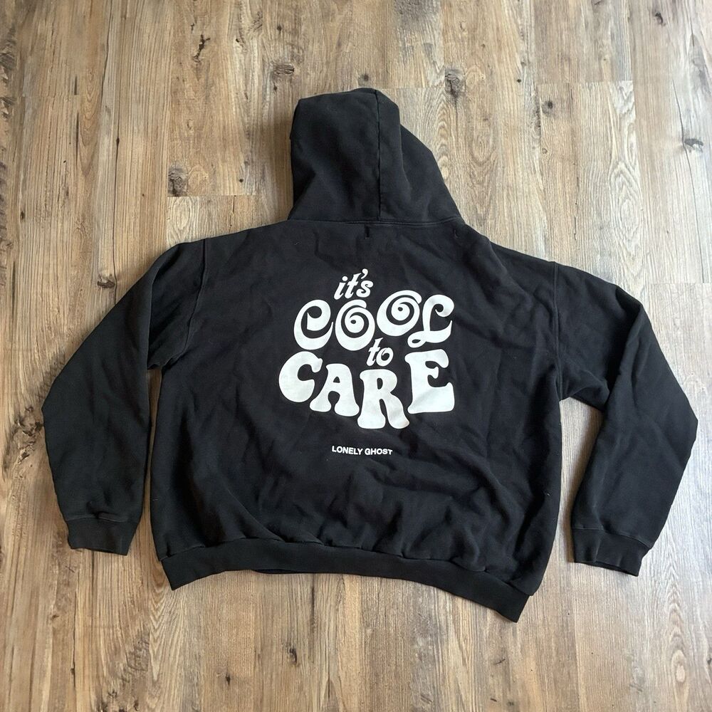 Lonely Ghost Black Pullover Hoodie Graphic Print Pockets Long Sleeve 2X